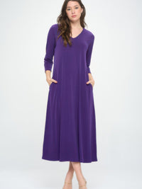 Hit V-Neck Long Dress W/Pocket in purple featuring 3/4 sleeves and convenient side pockets.