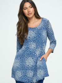 Hit Round Neck Tunic With Pocket in blue with white dots, featuring quarter sleeves and side pockets.