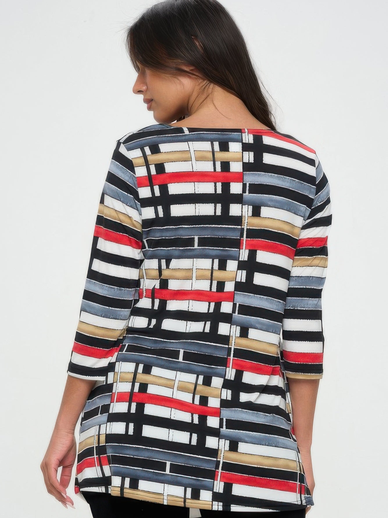 Hit Round Neck Tunic With Pocket, featuring a stylish multicolor geometric pattern and side seam pockets.