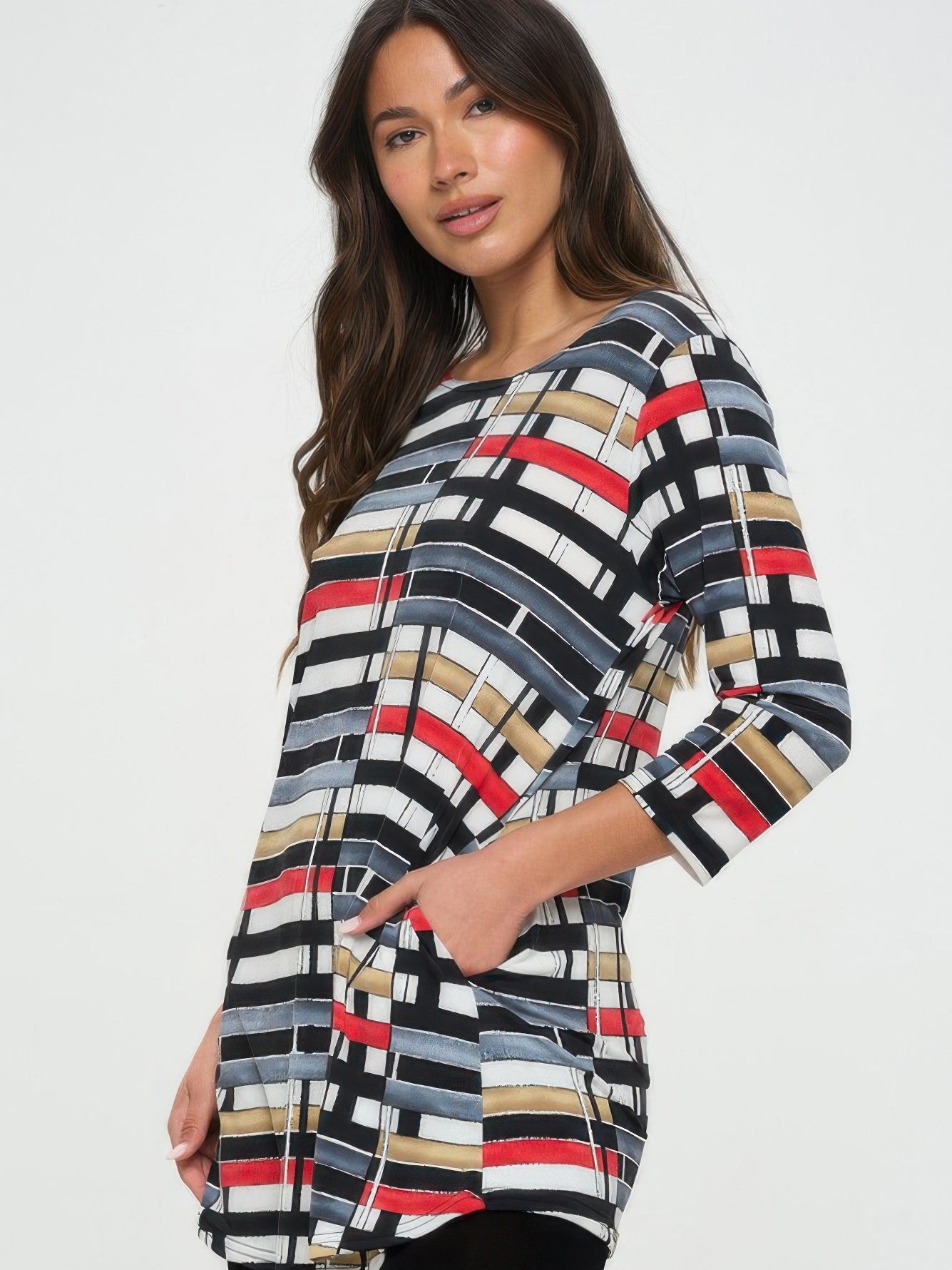 Hit Round Neck Tunic With Pocket featuring a colorful striped pattern and side pockets, perfect for casual wear.