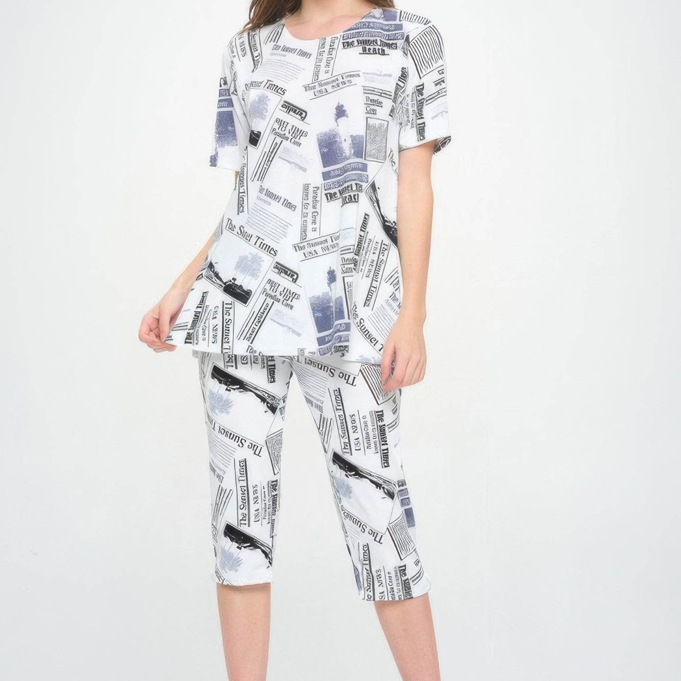 Short Sleeve Top Capri Pants Set in stylish printed fabric, perfect for casual wear and lounging.