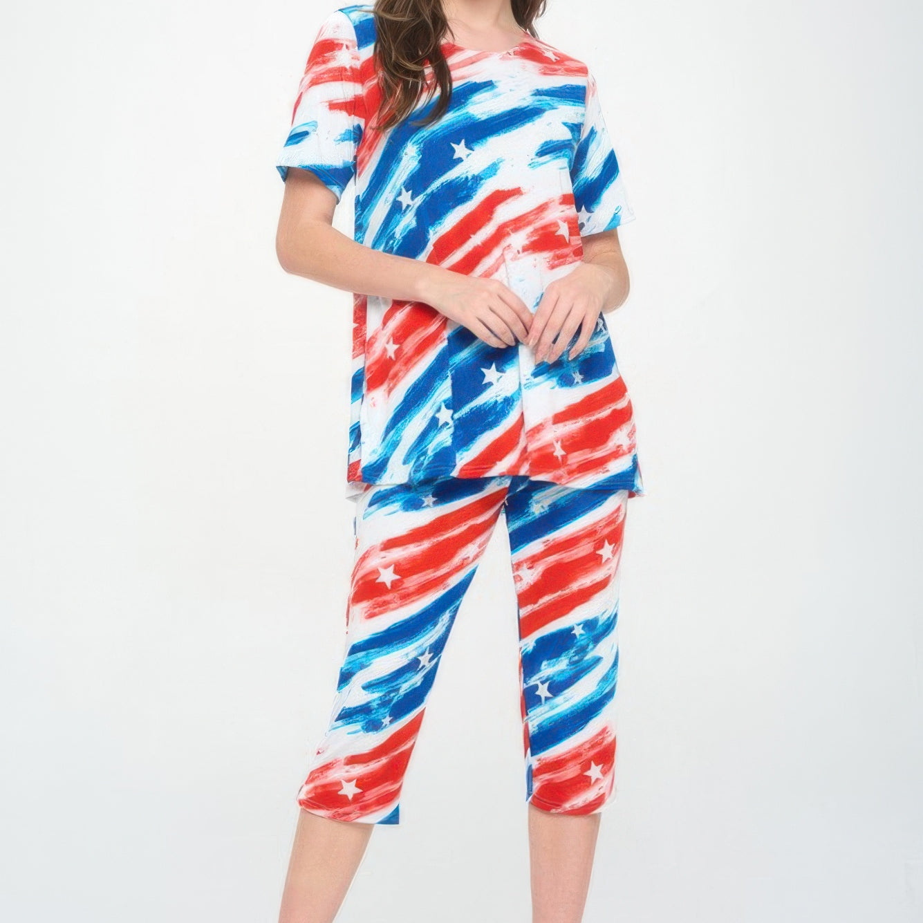 Short Sleeve Top Capri Pants Set in red, white, and blue tie-dye design, perfect for casual or lounging wear.