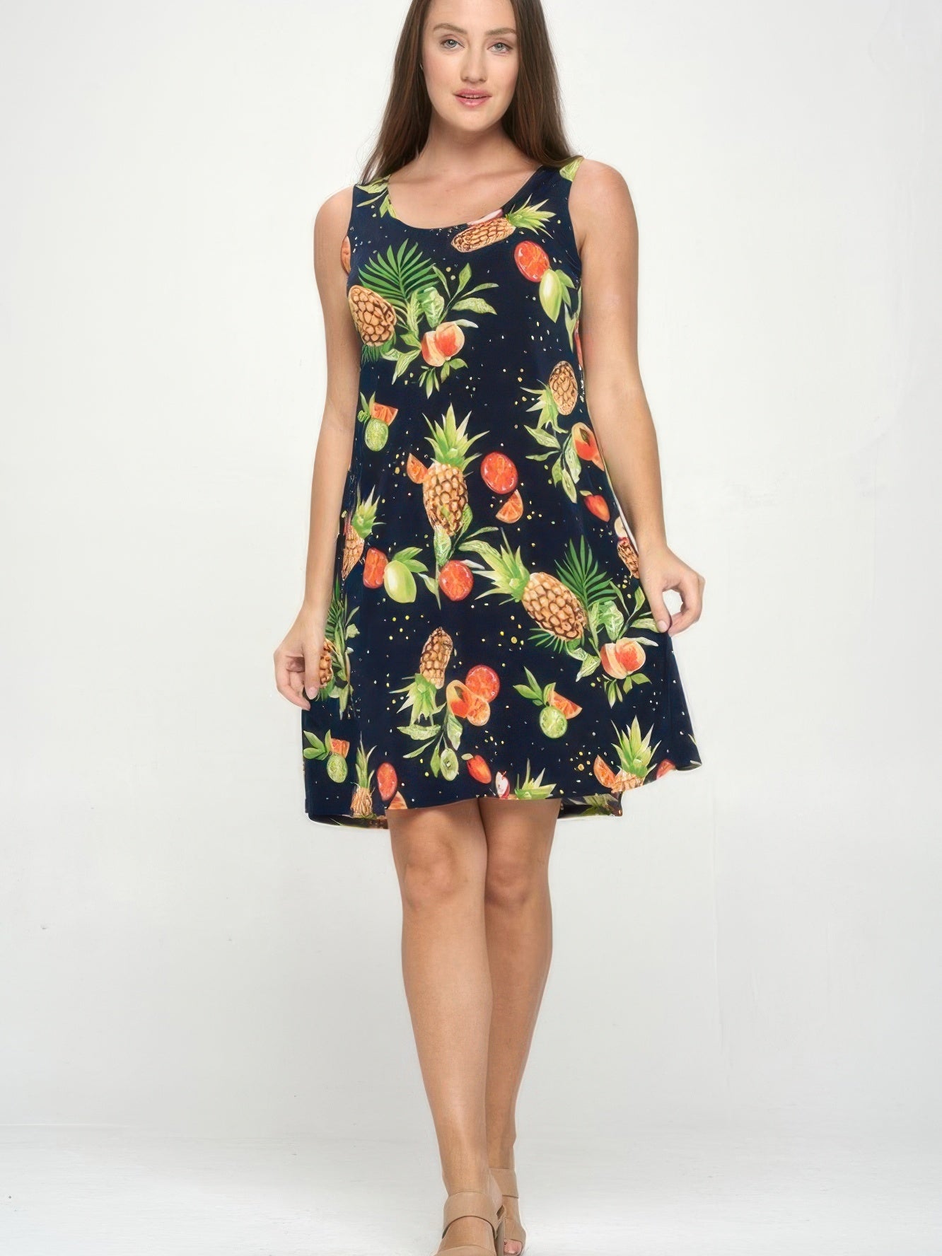 Plus Size BNS Print Missy Tank Dress featuring bold fruit prints and a flattering sleeveless design.