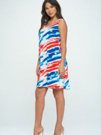 Americana Print Short Tank Dress in red, white, and blue colors, showcasing a standard fit and scoop neckline.