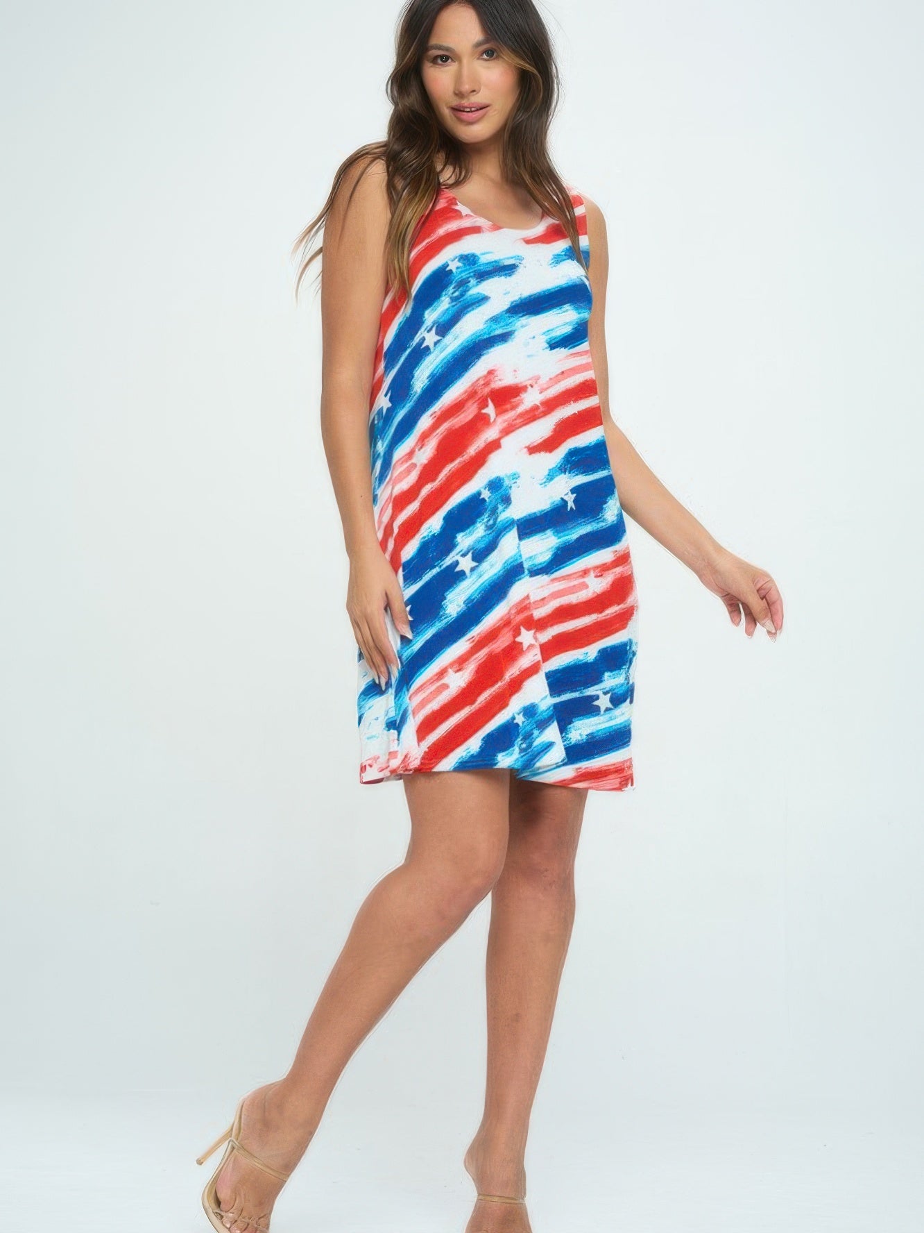 Americana Print Short Tank Dress featuring a colorful red, white, and blue design, ideal for patriotic events.