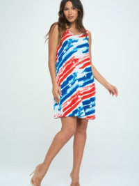 Americana Print Short Tank Dress featuring a colorful red, white, and blue design, ideal for patriotic events.