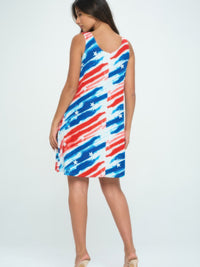 Americana Print Short Tank Dress showcasing a vibrant red, white, and blue design ideal for patriotic occasions.