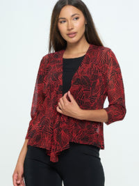 Open Cardigan in red leaf print, lightweight for layering and versatile styling options, perfect beach cover-up