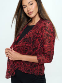 Open Cardigan in red leaf print, versatile lightweight layering piece for stylish outfits.