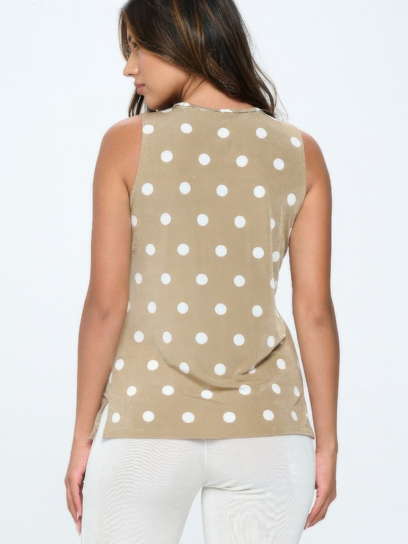 Back view of the BNS V-Neck Bias Tank Top with polka dots, showcasing its flattering fit and lightweight fabric.