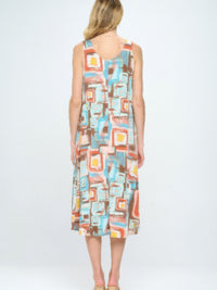 Short Sleeve And Soft Round-Neckline Long Dress in a colorful abstract print, shown from the back view.