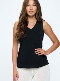 BNS V-Neck Bias Tank Top in black, featuring a flattering V-neckline and side vent details, perfect for layering.