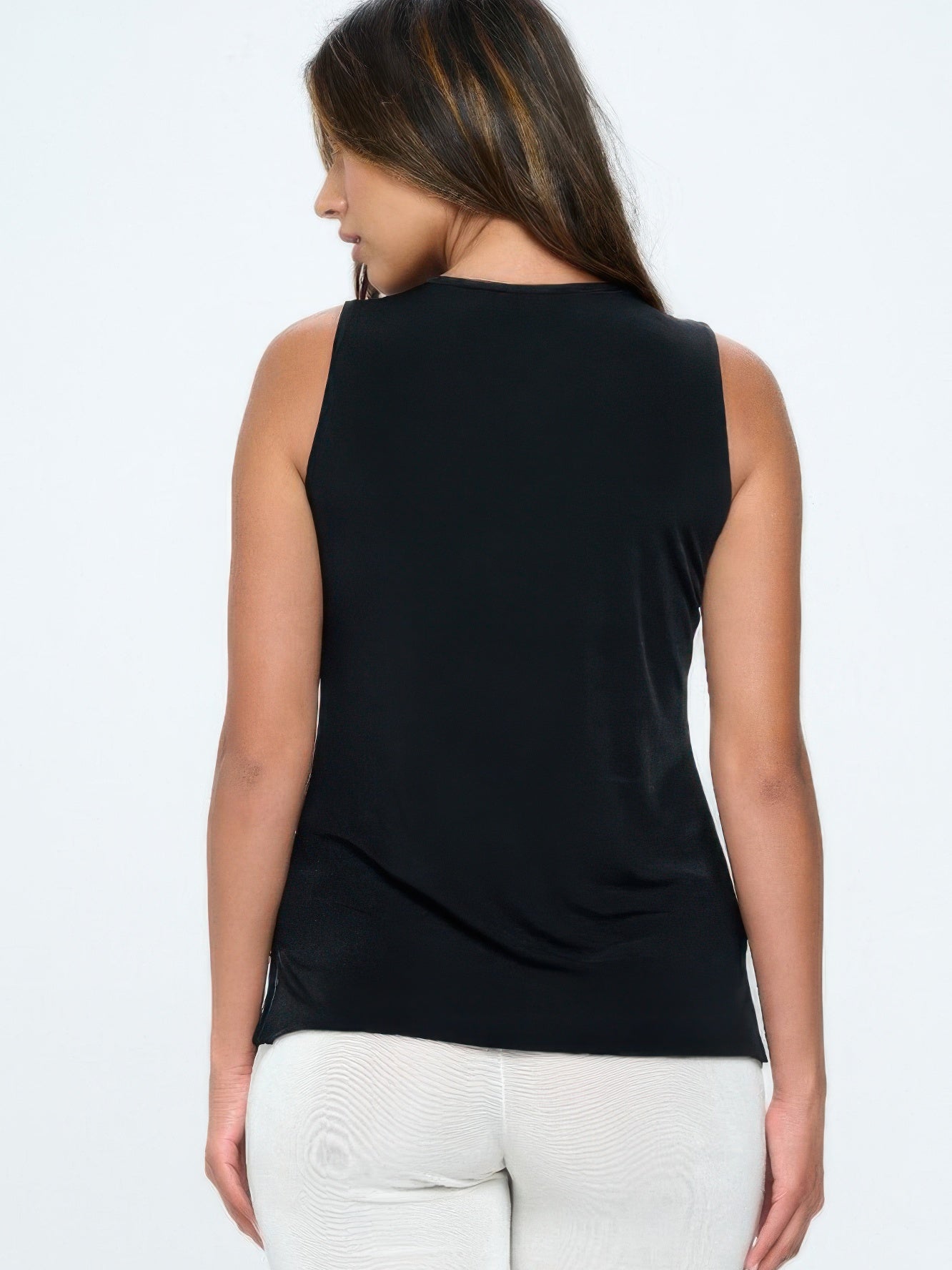 Back view of the BNS V-Neck Bias Tank Top in black, showcasing its flattering design and comfortable fit.