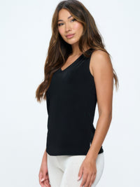 BNS V-Neck Bias Tank Top in black, featuring a flattering V-neckline and side vent for comfort and style.