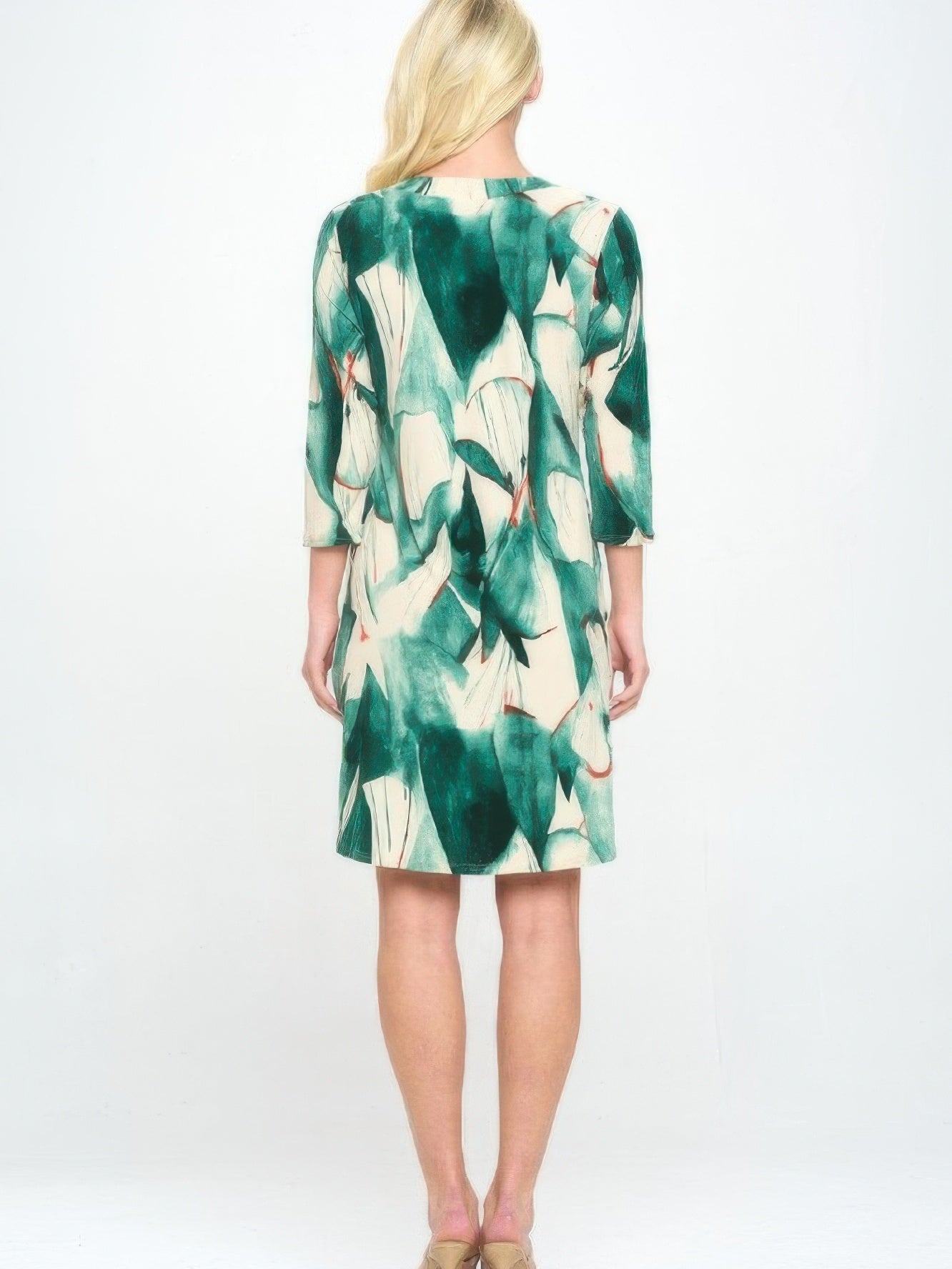 Hit Notch Neck Quarter Sleeve Dress featuring a green leaf print and quarter-length sleeves from the back view.