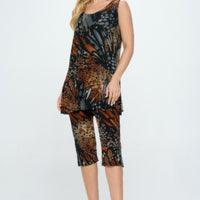 Round Neck Tank Top And Capri Pants Set in a vibrant print, featuring a relaxed fit and stylish design for everyday wear.
