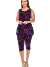 Round Neck Tank Top And Capri Pants Set featuring a vibrant purple print, perfect for stylish comfort.