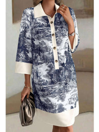 Pattern Stand Collar Front Button Loose Dress with intricate print and front button detailing.