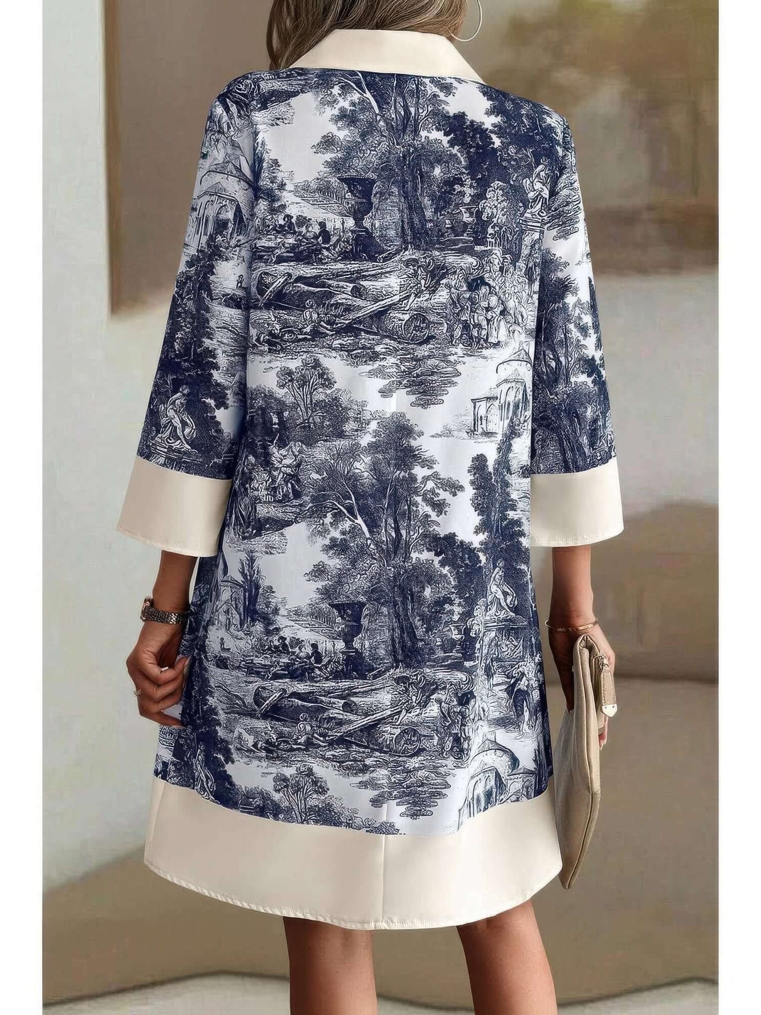 Pattern Stand Collar Front Button Loose Dress with intricate print and loose silhouette, perfect for comfort and elegance.