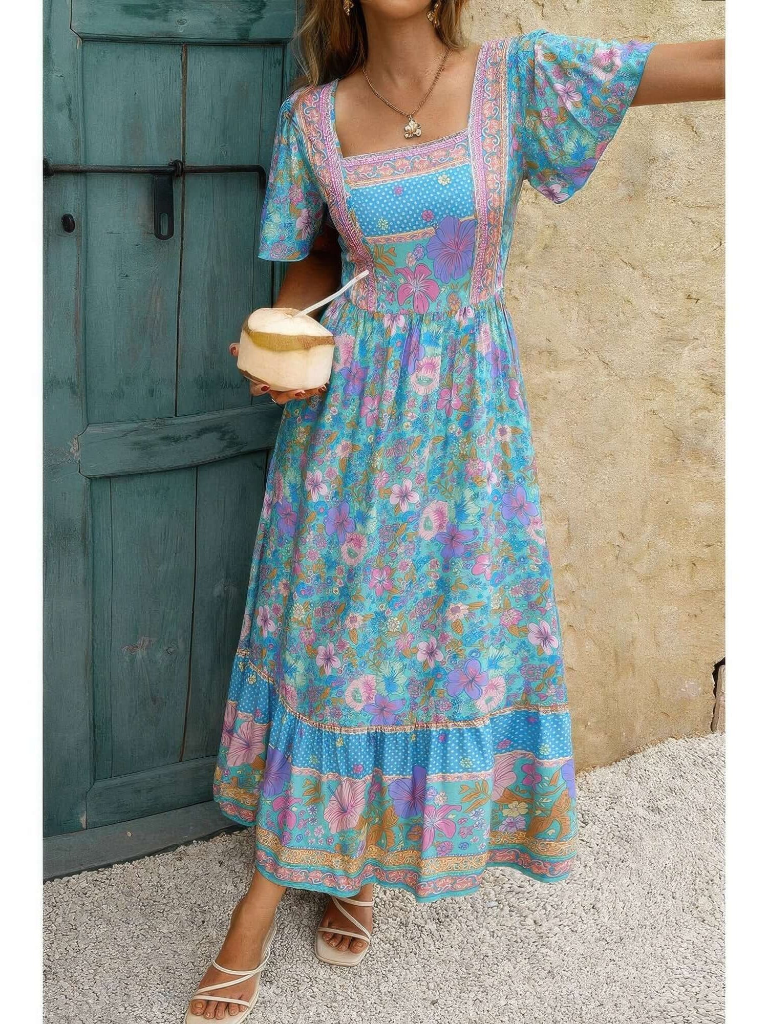 Square Neck Boho Floral A Line Fit Dress featuring a colorful floral print and relaxed silhouette.