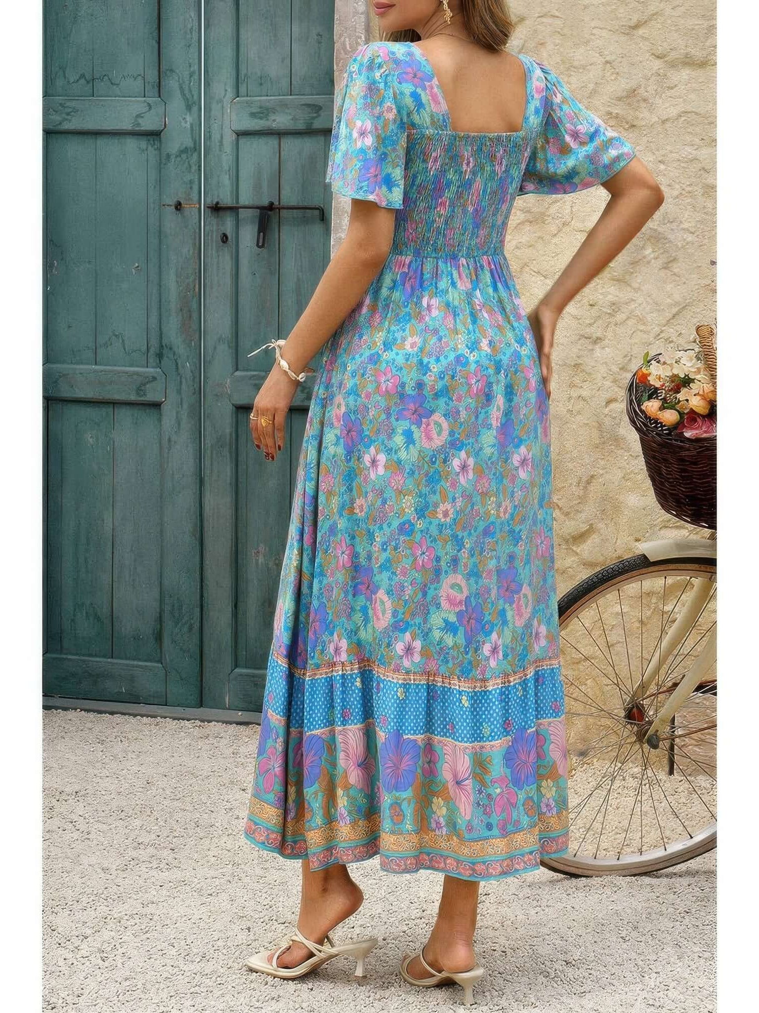 Square Neck Boho Floral A Line Fit Dress displayed in vibrant floral design against a rustic backdrop.