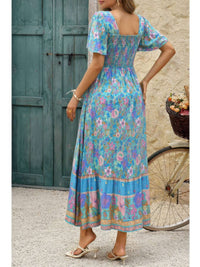 Square Neck Boho Floral A Line Fit Dress displayed in vibrant floral design against a rustic backdrop.