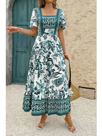 Square Neck Floral Printed Ankle Length A Line Dress showcasing a feminine floral design and a graceful flow.