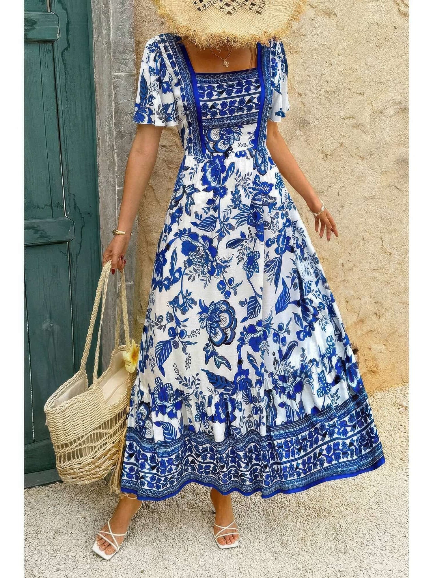 Square Neck Floral Printed Ankle Length A Line Dress in blue and white with floral patterns, perfect for summer or vacation.