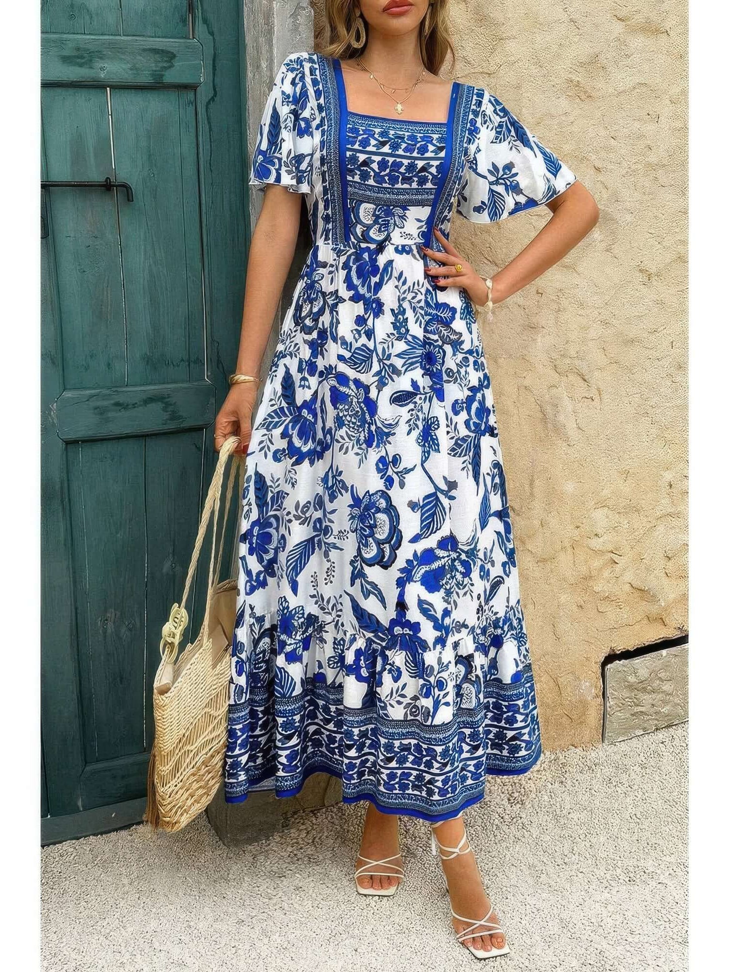 Square Neck Floral Printed Ankle Length A Line Dress in white and blue with floral patterns and square neckline.