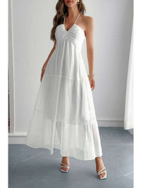 Solid Halter Muse Tiered Ruffle Long Dress in white with flowy ruffled layers and a halter neckline.
