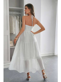 Solid Halter Muse Tiered Ruffle Long Dress in white, showcasing elegant back view and flowy tiers.