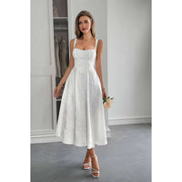 Solid Floral Jacquard Lace High Waist Dress in white with floral details, elegant design perfect for special occasions.