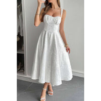 Solid Floral Jacquard Lace High Waist Dress in white, showcasing elegant floral lace details and a flattering silhouette.