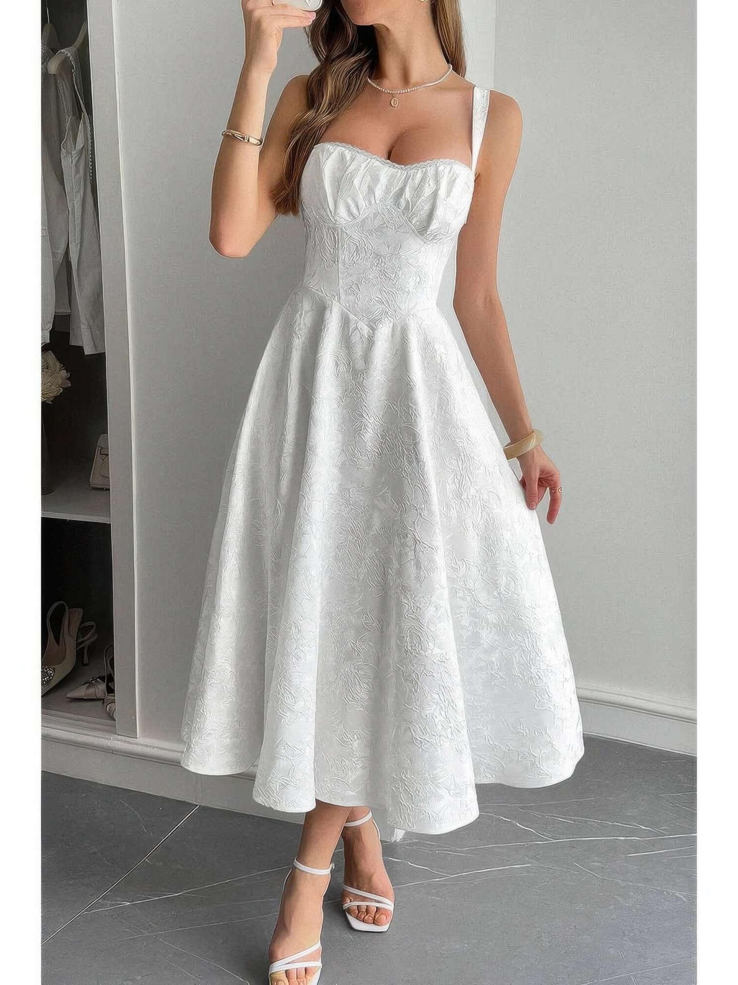 Solid Floral Jacquard Lace High Waist Dress in white, showcasing elegant floral lace details and a flattering silhouette.