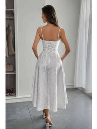Solid Floral Jacquard Lace High Waist Dress back view showcasing elegant lace and flattering silhouette