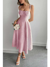 Solid Floral Jacquard Lace High Waist Dress in pink, showcasing floral lace pattern and flattering silhouette.