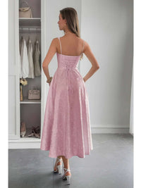 Solid Floral Jacquard Lace High Waist Dress showcased from the back in a soft pink hue, perfect for elegant occasions.