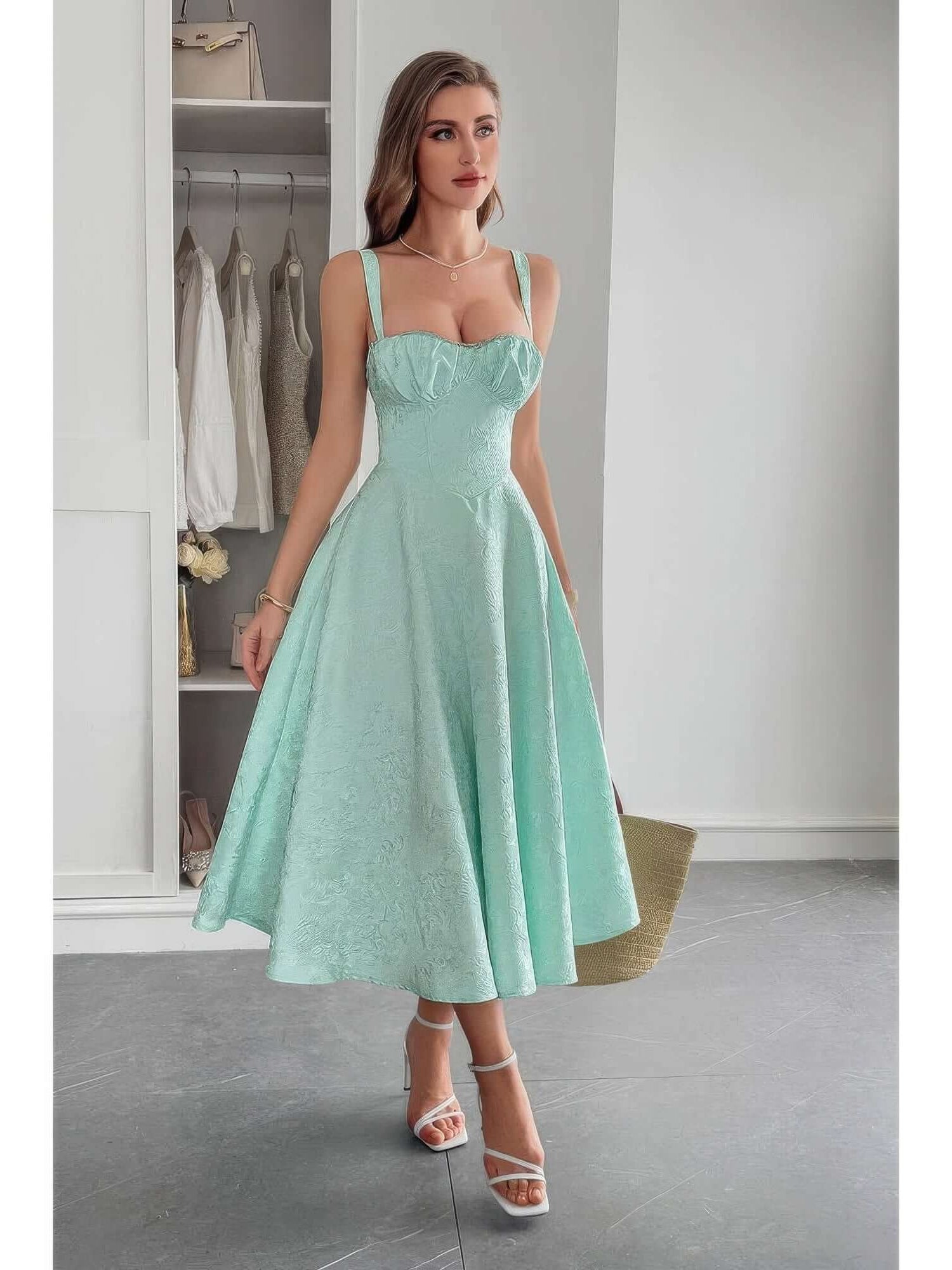 Solid Floral Jacquard Lace High Waist Dress in mint green, featuring a flattering silhouette and romantic lace design.