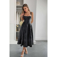 Elegant woman in a Solid Floral Jacquard Lace High Waist Dress, showcasing timeless femininity and sophisticated style.