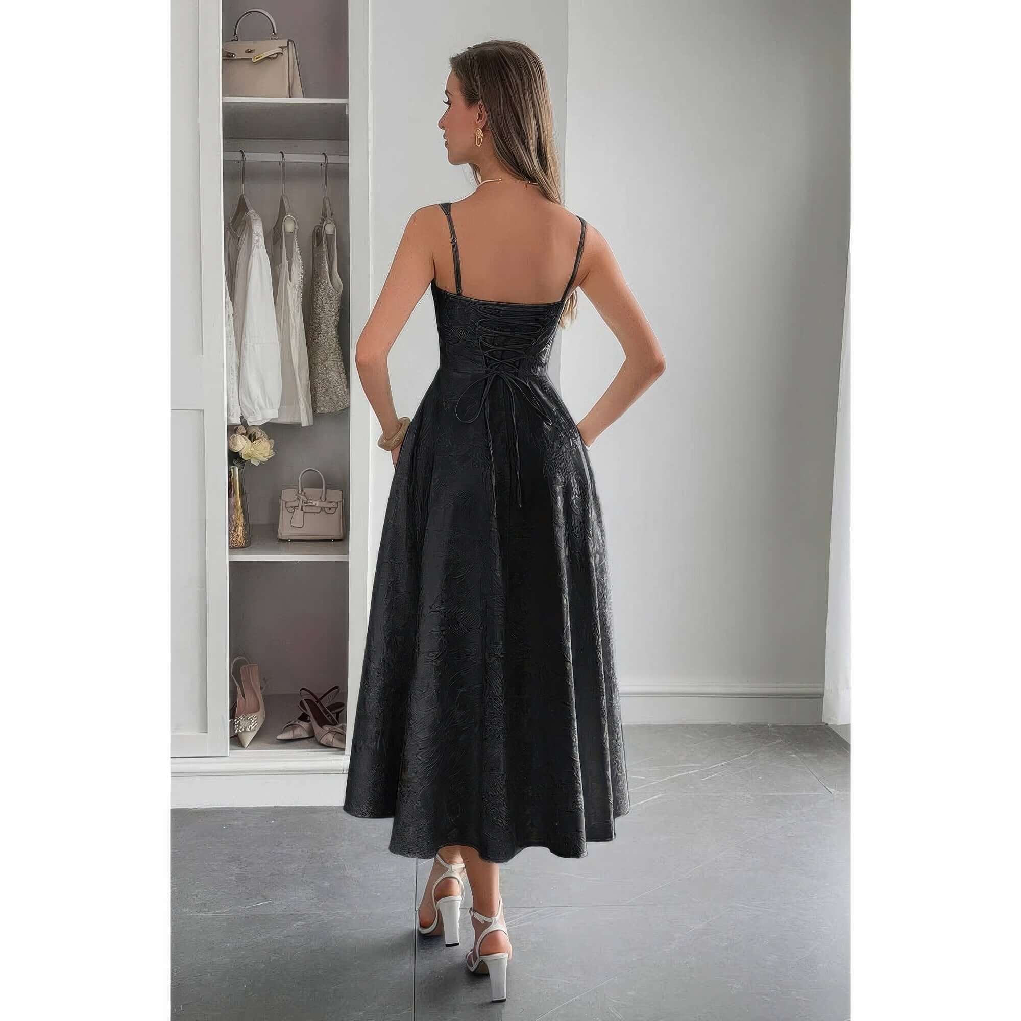 Back view of a model wearing a Solid Floral Jacquard Lace High Waist Dress in a stylish setting.