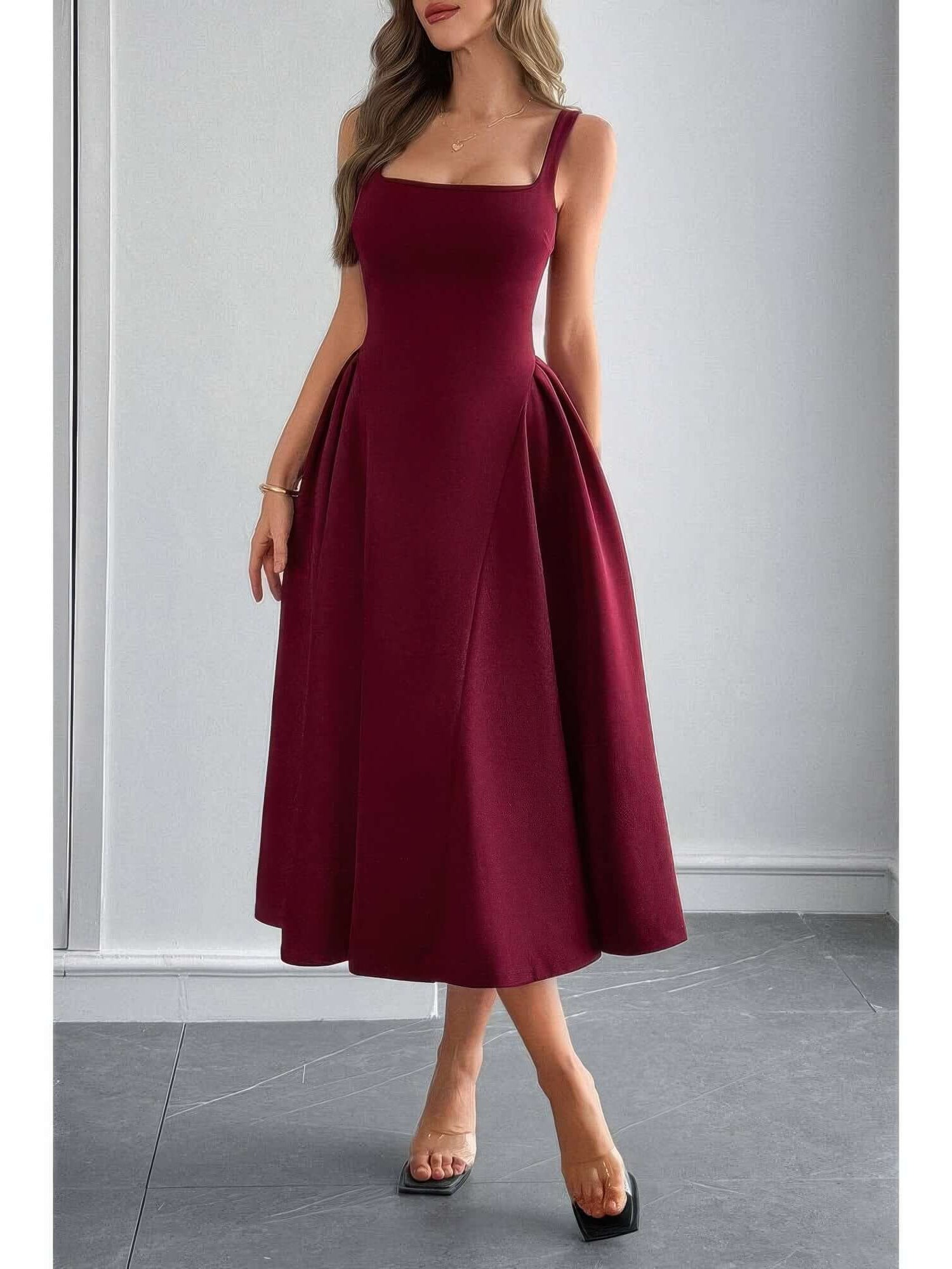 Square Neck A Line Pleated Sleeveless Long Dress in burgundy on a model showcasing elegant design.
