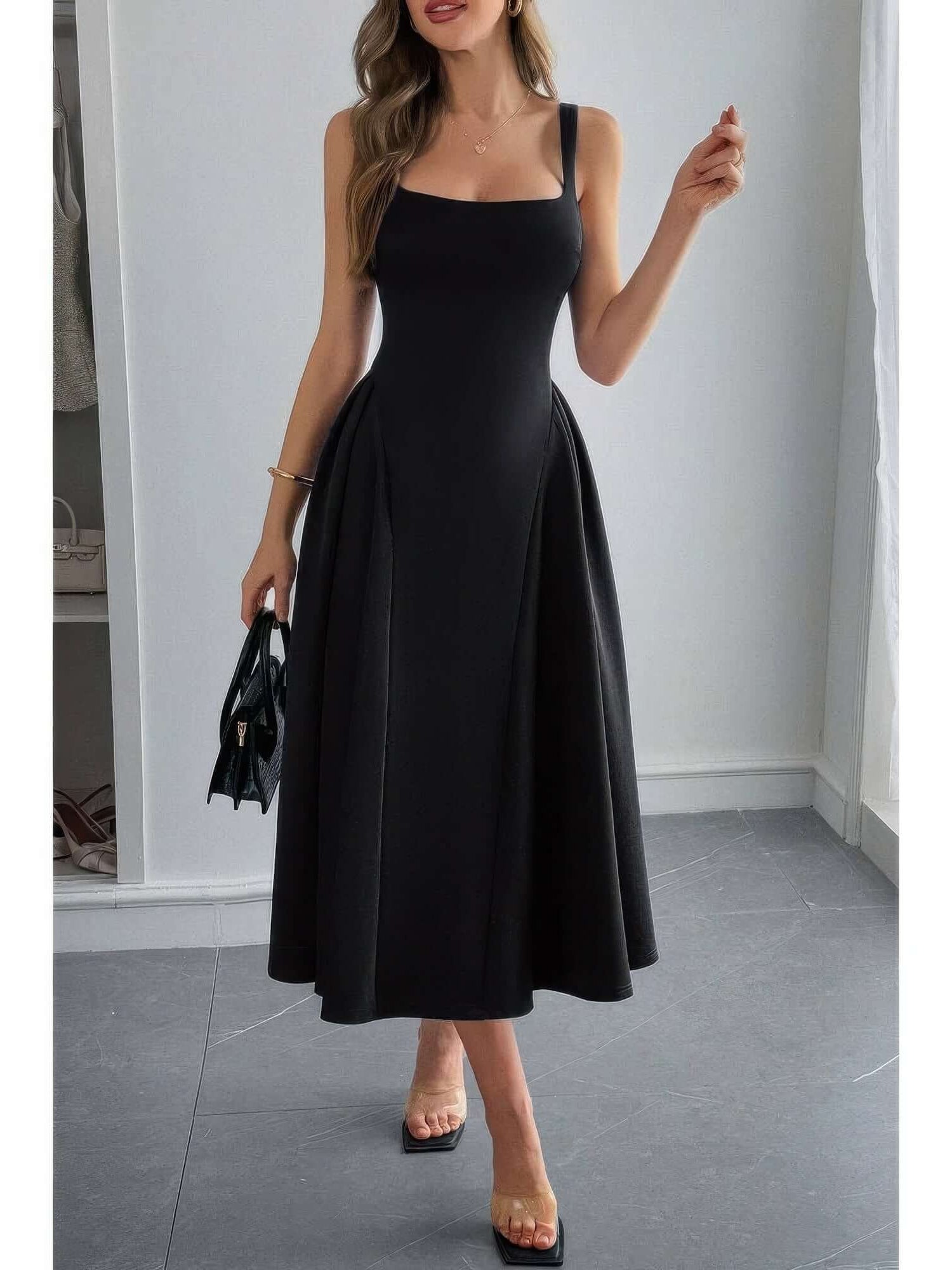 Square Neck A Line Pleated Sleeveless Long Dress in elegant black with a flattering A-line silhouette.