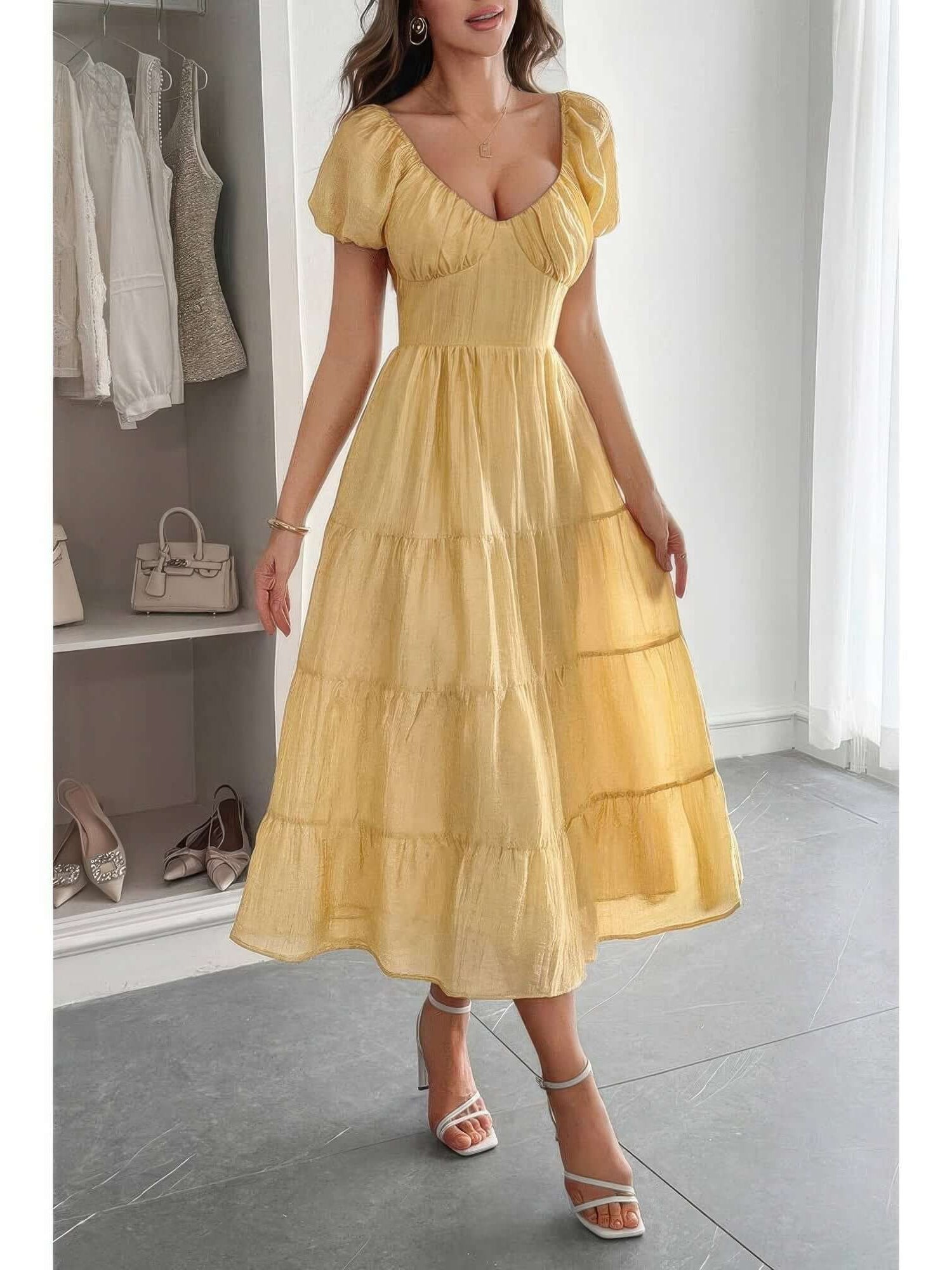 Solid Backless Tiered Puff Sleeve Fit Midi Dress in yellow with puff sleeves and tiered skirt, perfect for special occasions.
