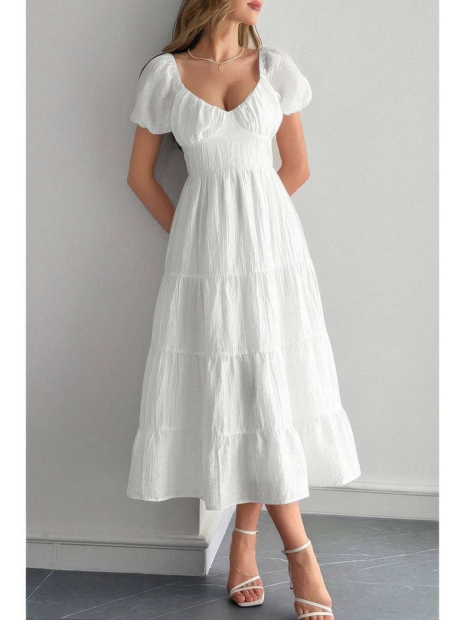 Solid Backless Tiered Puff Sleeve Fit Midi Dress in white, featuring puff sleeves and a flowing tiered skirt.