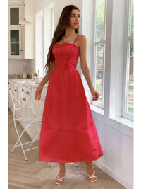 Solid Button Decor Pintuck Eyelet Shirred Dress shown on a model in a pink hue, showcasing its feminine fit and vintage charm.