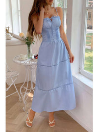 Solid Button Decor Pintuck Eyelet Shirred Dress showcased in light blue, featuring strap design and flattering shirred waistline.