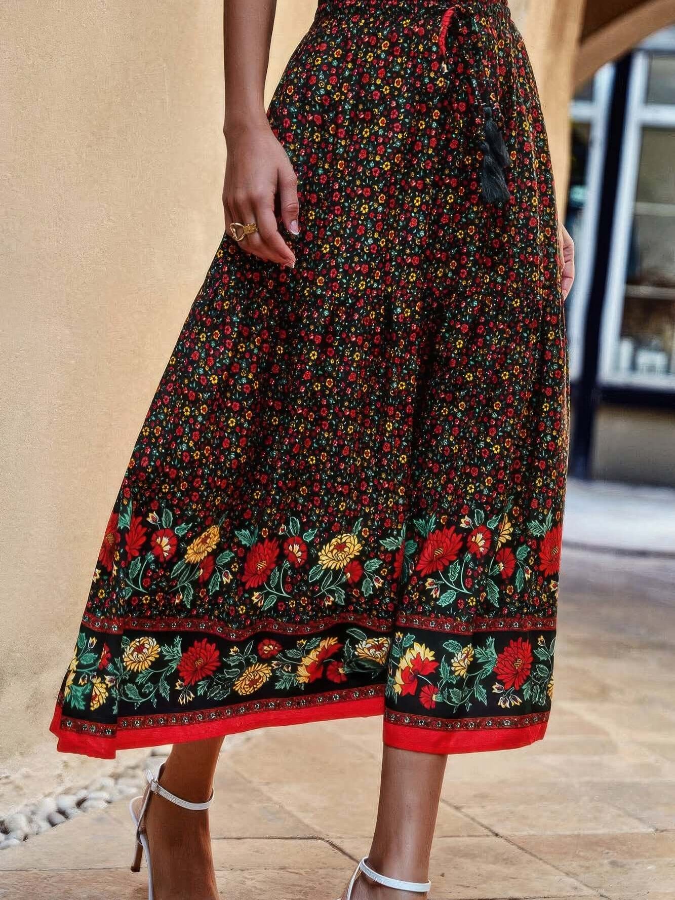 Drawstring Floral Ruffled Maxi Skirt with vibrant floral print and delicate ruffled details, perfect for warm-weather outings.