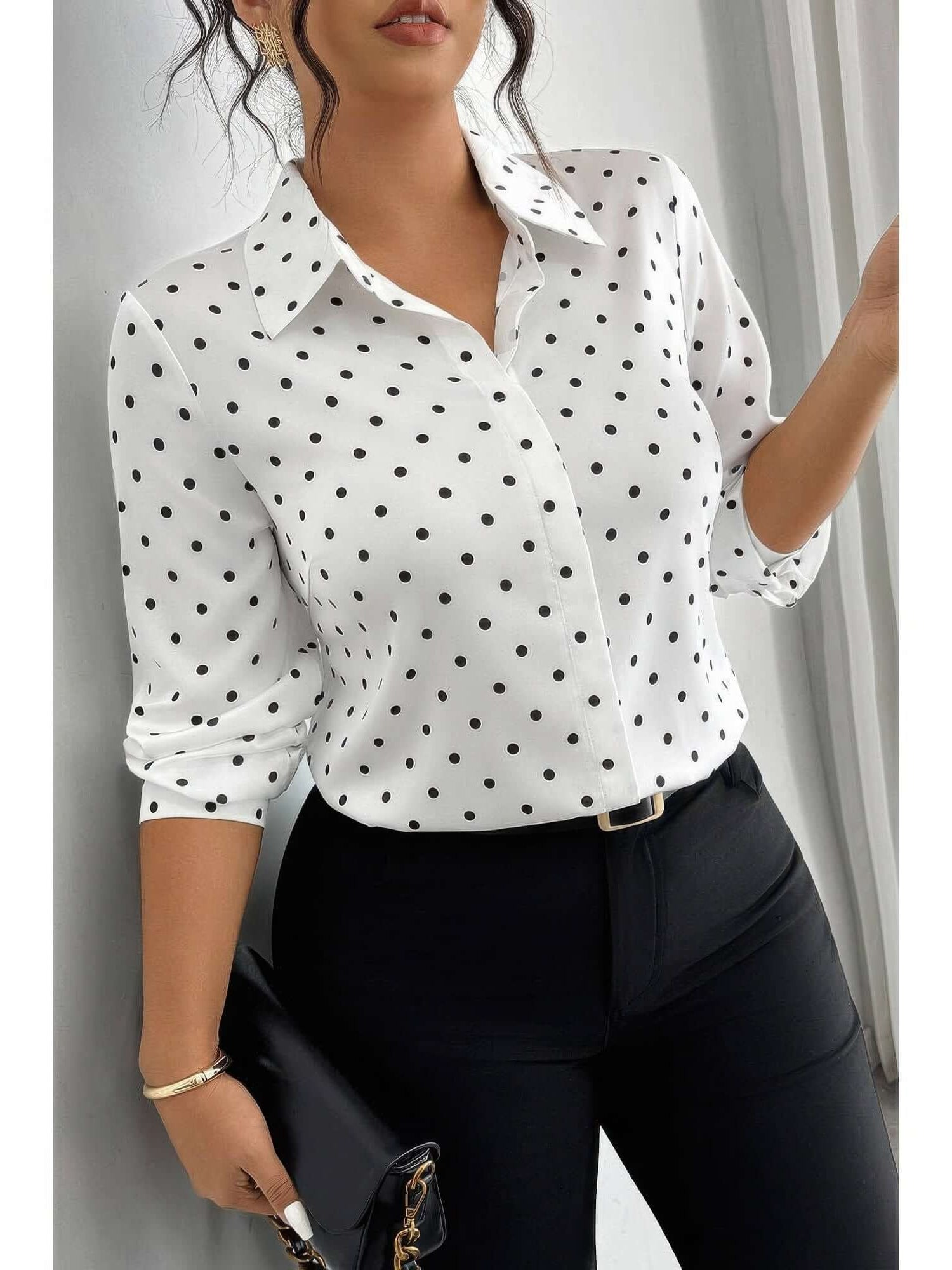 The Penny Polka Dot Shirt, Plus Size - Lightweight long-sleeve button-up with allover polka dot print in white and black.