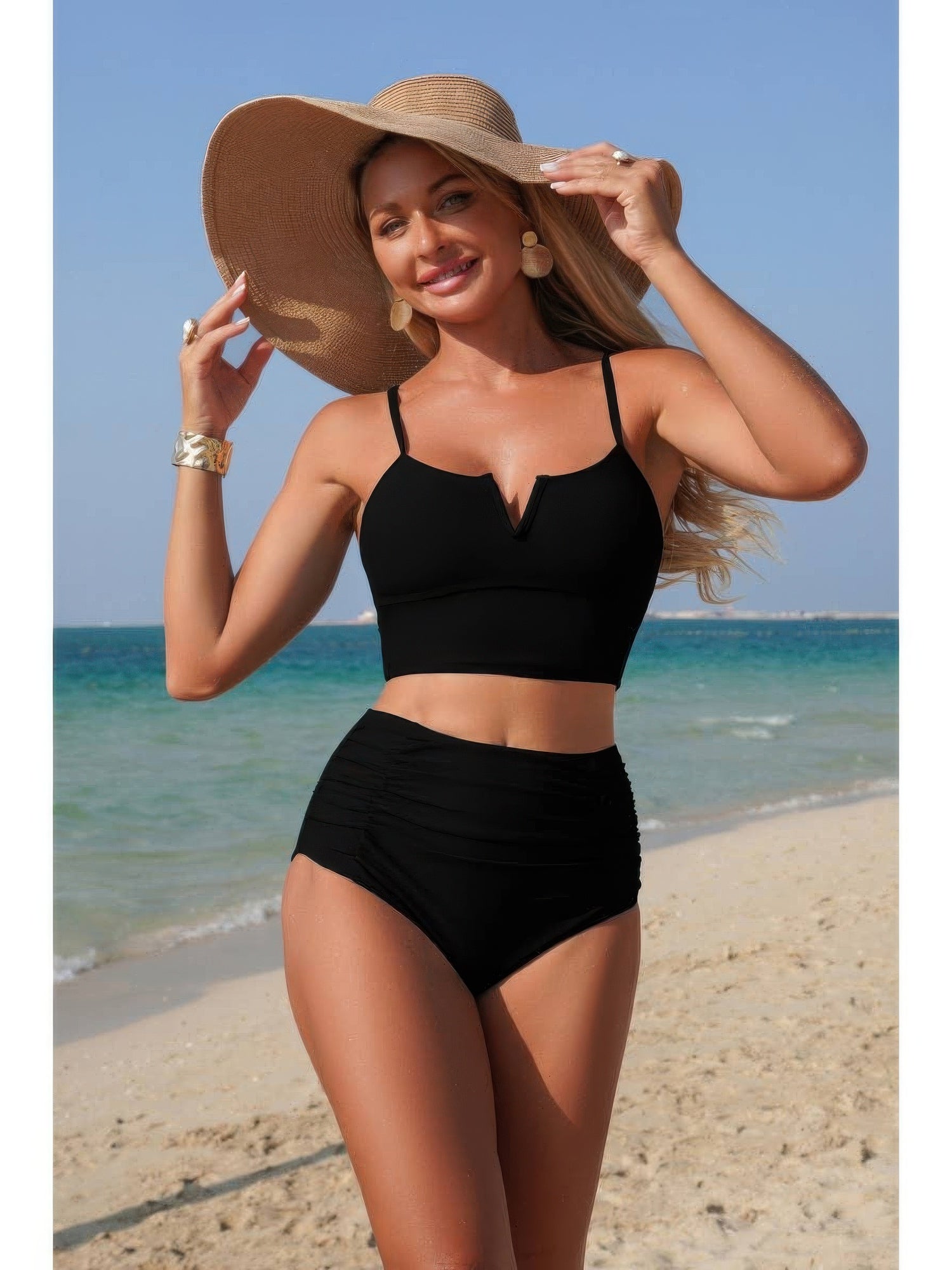 The Portofino Pleated Bikini – high waisted pleated bikini with supportive shoulder straps