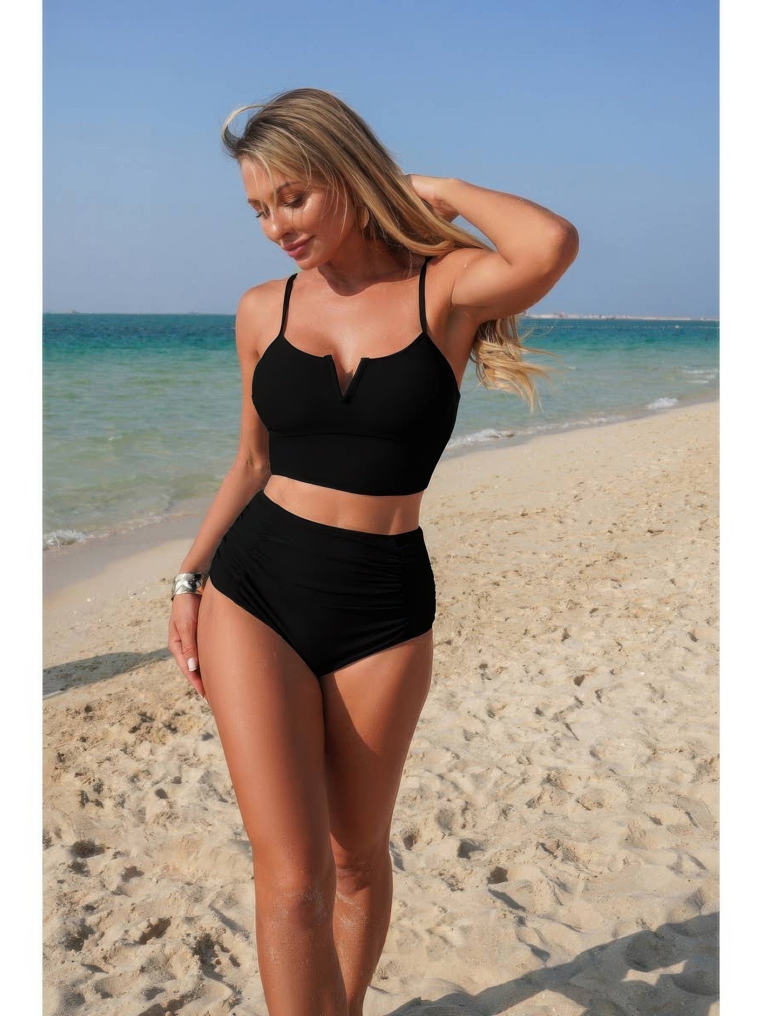 The Portofino Pleated Bikini – high waisted pleated strap bikini set, view 3